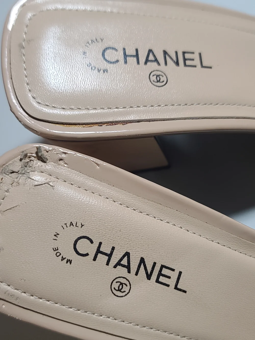 CHANEL Nude Patent Leather Slide Sandals